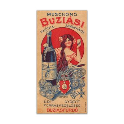 Firma Muschong, etichetă cu reclama apelor minerale din Buziaș, cca. 1920
