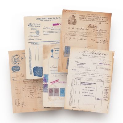 Cinci facturi emise de întreprinderi producătoare de echipament militar și industrial, 1907-1941 