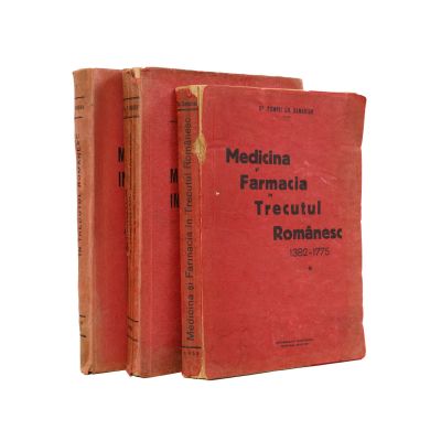 Dr. Pompei Gh. Samarian, Medicina și farmacia în trecutul românesc, 1938, Vol. I-III, cu dedicații olografe