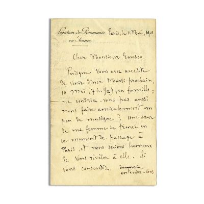 George Enescu, scrisoare olografă din partea lui P.G. Ghica, 1901