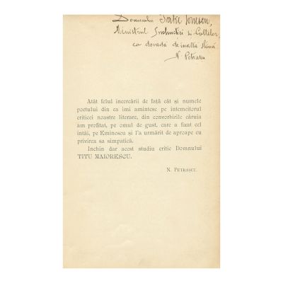 N. Petrașcu, Mihail Eminescu, 1892,  cu dedicație pentru Take Ionescu