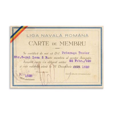 Liga Navală Română, carte de membru, 1929