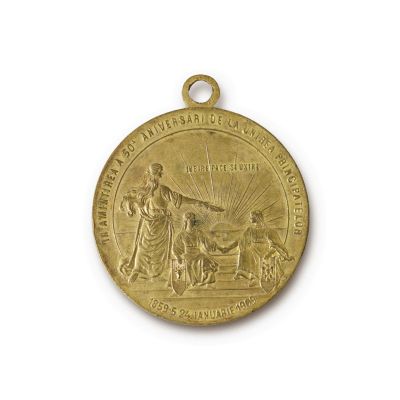 50 de ani de la Unirea Principatelor, medalie din bronz doré, 1859-1909, gravor F. Șaraga