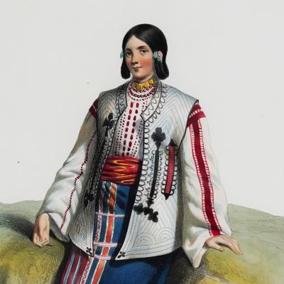 Tânără fată din Valahia, litografie colorată manual, gravor Michel Bouquet