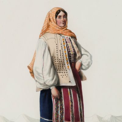 Femeie de la munte - Câmpulung, litografie colorată manual, gravor Michel Bouquet