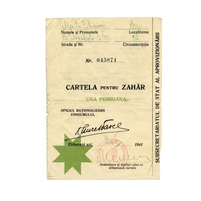 Cartelă pentru zahăr eliberată în 1941