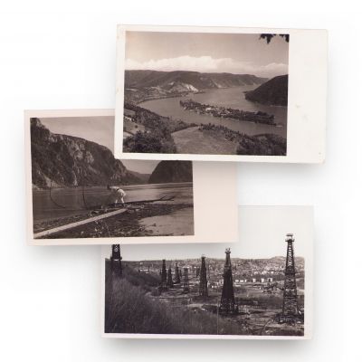 Pescar în Cazanele Dunării, vedere din Ada Kaleh și sondele din Moreni, trei fotografii tip carte poștală