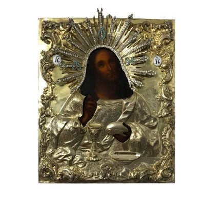 Iisus Hristos sub forma simbolică a Sfintei Liturghii, icoană în ulei pe lemn cu ferecătură, cca. 1850