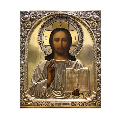 Icoană rusească, Iisus Hristos Împărat, cu ferecătură din argint cu elemente Art Nouveau