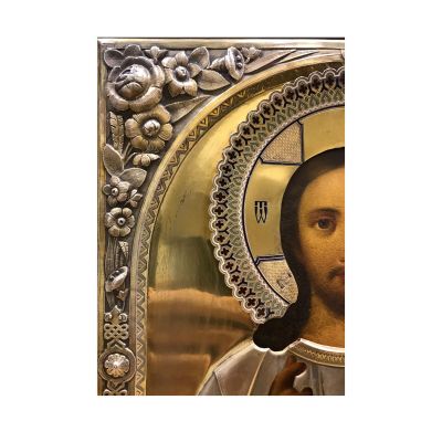 Icoană rusească, Iisus Hristos Împărat, cu ferecătură din argint cu elemente Art Nouveau