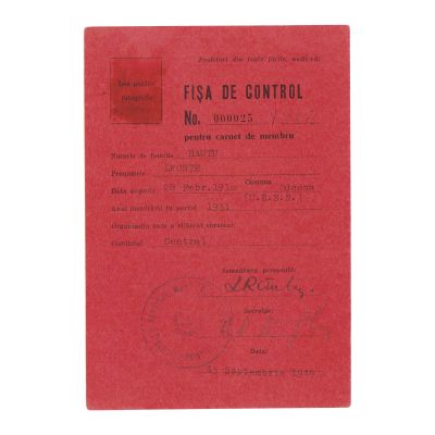 Leonte Răutu, fișa de control pentru carnet de membru P.M.R., 15 septembrie 1949
