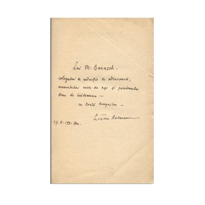 Liviu Rebreanu, Metropole, 1931, cu dedicație pentru M. Barasch