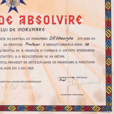 Straja Țării, diplomă de absolvire oferită lui Teodorescu D. Dumitru, 25 februarie 1940, semnată de Teofil Sidorovici