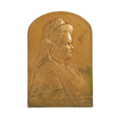 Regina Elisabeta a României, plachetă din bronz patinat, gravor G. Devreese, 1913