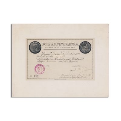 Dem I. Dobrescu, Societatea Numismatică Română, diplomă semnată de Mihail C. Șuțu și Const. Moisil