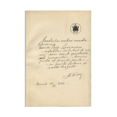 A. Toma, Poezii, 1926, cu dedicație către Eugen Lovinescu