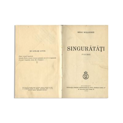Mihai Moșandrei, Singurătăți, 1936, exemplar bibliofil cu dedicație către Eugen Lovinescu