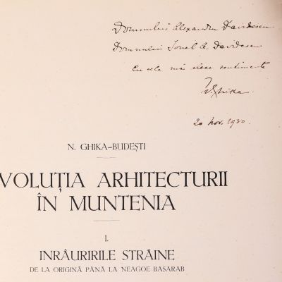 N. Ghika Budești, Evoluția arhitecturii în Muntenia, 1927-1936, 4 volume, cu dedicația olografă a autorului 