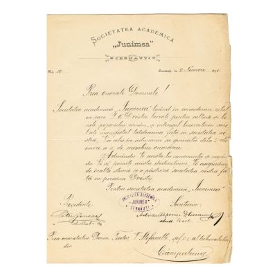 Societatea Academică Junimea, Cernăuți, 1890, Teodor V. Stefanelli + manuscris