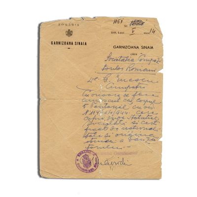George Enescu, corespondență din partea Garnizoanei Sinaia, 1944