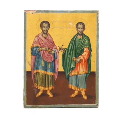 Icoană grecească, Sfinții Cosma și Damian, tempera grasă pe lemn, a doua jumătate a secolului al XIX-lea