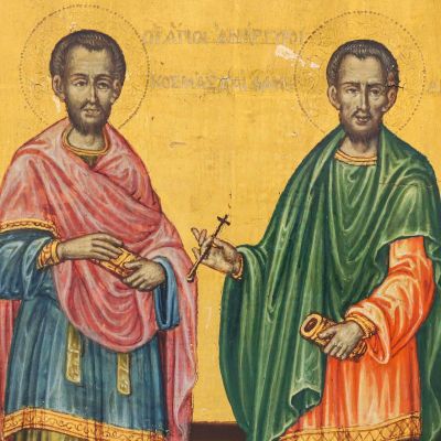 Icoană grecească, Sfinții Cosma și Damian, tempera grasă pe lemn, a doua jumătate a secolului al XIX-lea