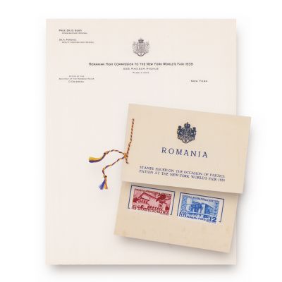 România la Expoziția Universală de la New York, filă cu antetul lui Dimitrie Gusti + carnet cu 2 timbre, 1939
