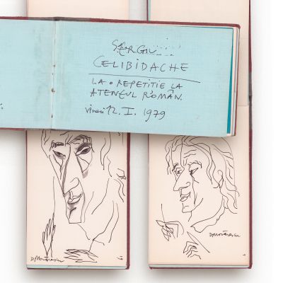 Sergiu Celibidache la o repetiție, caiet cu 19 schițe realizate de Dragoș Morărescu, 1979 