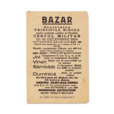 Societatea Principele Mircea, afiș cu programul bazarului, 13 - 16 decembrie 1934