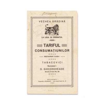 Veche Grădină „La leul și cârnatul”, meniu, 1923