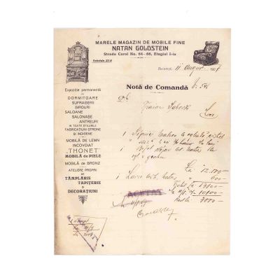 Magazinul de mobilă „Natan Goldstein” + magazinul de coloniale, factură + nota de plată