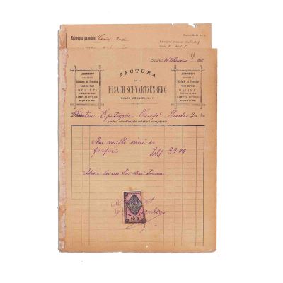 Societatea „Pesach Schvartzenberg”, factură + chitanță + notă, 1896-1897