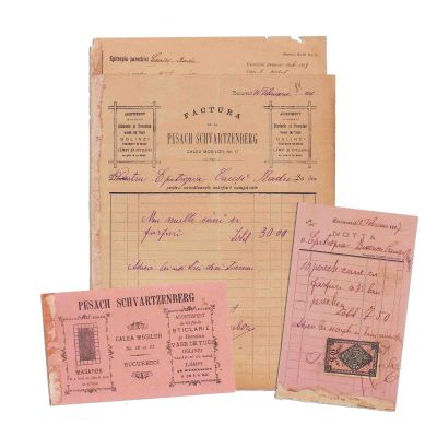 Societatea „Pesach Schvartzenberg”, factură + chitanță + notă, 1896-1897