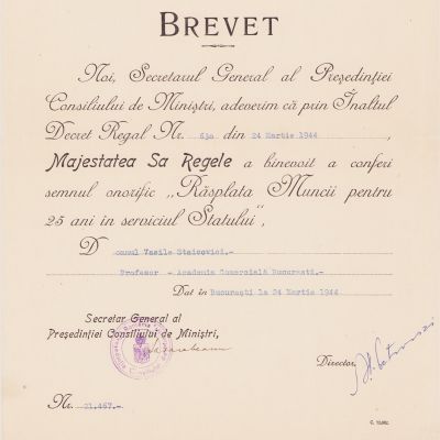 „Răsplata Muncii pentru 25 ani în serviciul Statului” + „Meritul Comercial și Industrial”, clasa a I-a, două brevete, 1932-1944