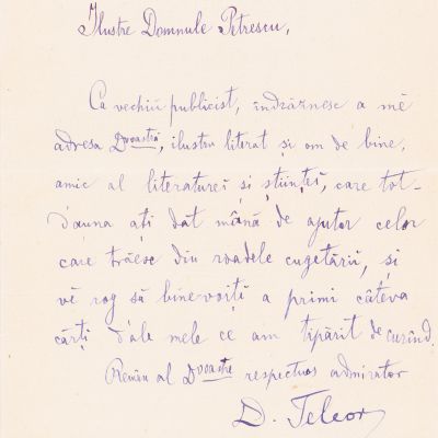 Dimitrie Teleor, scrisoare pentru I. C. Petrescu