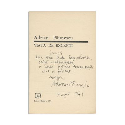 Adrian Păunescu, Viață de excepții, 1971, cu dedicație către Lena Radu Miron Paraschivescu 