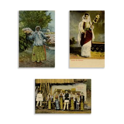 Țărani și țigani, trei cărți poștale din seria Salutări din România