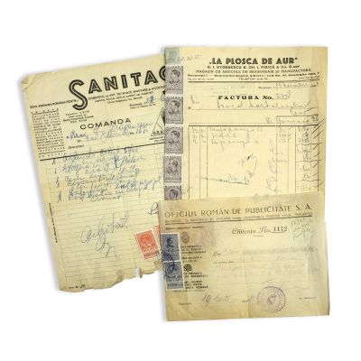 „La plosca de aur”, Sanitas, Oficiul Român de Publicitate, trei facturi, 1937 - 1943