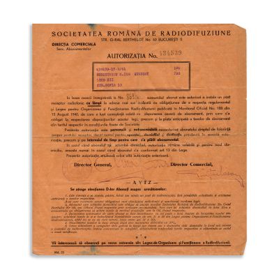 Societatea Română de Radiodifuziune, autorizație pentru un post receptor radiofonic cu lămpi, 1941