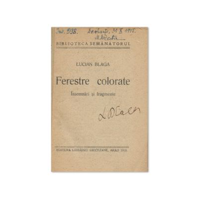 Lucian Blaga, Ferestre colorate, 1926, cu autograf