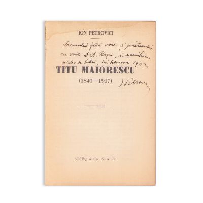 Două volume, Ion Petrovici, Titu Maiorescu +  Fulgurații filosofice și literare, cu dedicație pentru D. D. Roșca