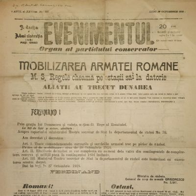 Publicația „Evenimentul” 20 octombrie 1918 - Mobilizarea Armatei Române
