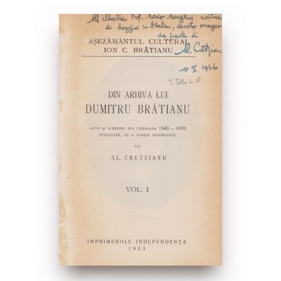 Al. Cretzianu, Din arhiva lui Dumitru Brătianu, 1933-1934, două volume, cu dedicație pentru istoricul Mario Menghini