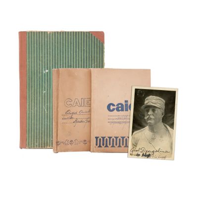 Jurnalele sculptorului Spiridon Georgescu și registru cu recenzii și elogii de la expoziția retrospectivă din iunie-iulie 1963 si fotografie tip carte postala cu una dintre sculpturile artistului