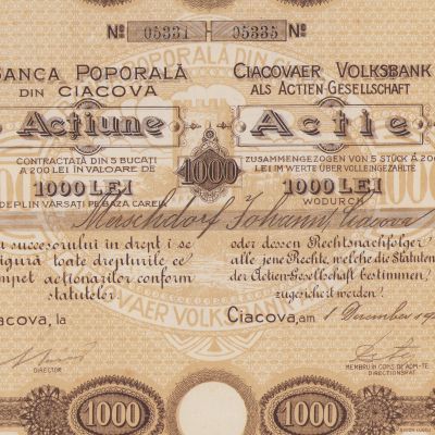 Banca poporală din Ciacova, acțiune în valoare de 1000 lei 