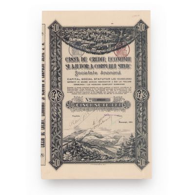 „Cassa de Credite, Economii și Ajutor a Corpului Silvic”, acțiune în valoare de 500 lei, 1931 