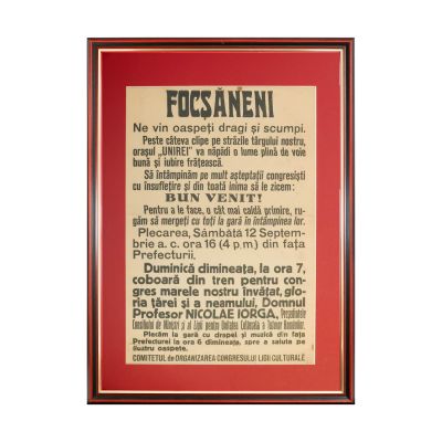 Vizita lui Nicolae Iorga în Focșani, 12 septembrie, afiș