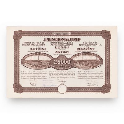 J. Muschong & Comp. Fabrica de țiglă și cărămidă, acțiune în valoare de 25.000 lei, 1925