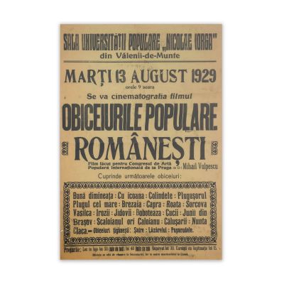 Afișul filmului „Obiceiuri populare românești”, 13 august 1929, Vălenii de Munte