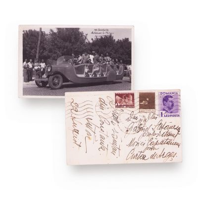 Mașină de epocă utilizată la transportul turiștilor în Constanța-Mamaia, fotografie tip carte poștală, cca. 1938
